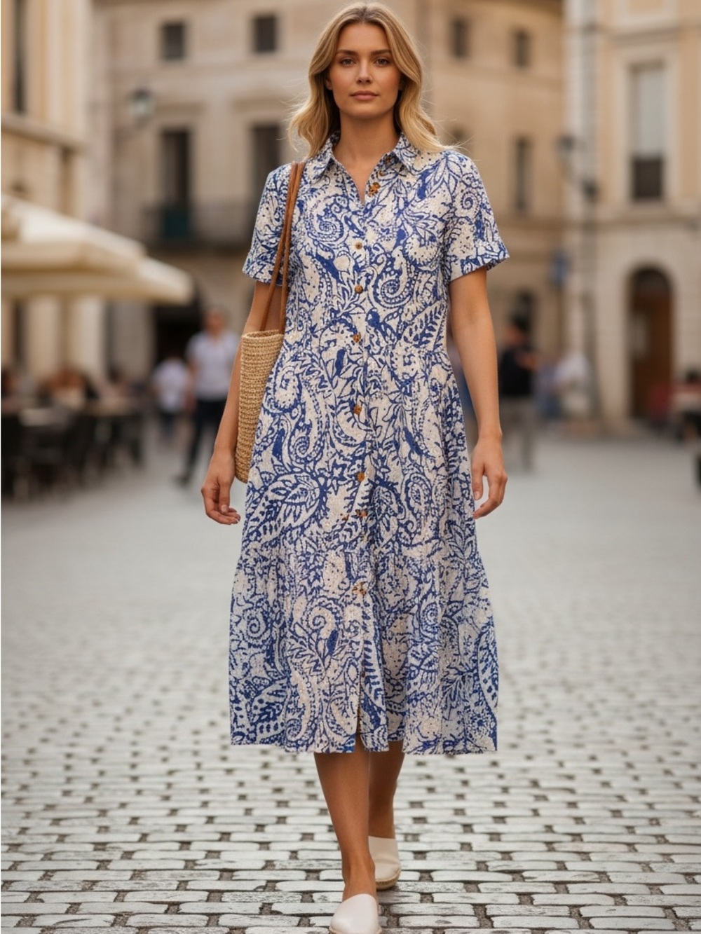 Zara White Maxi Shirt Dress with Blue Paisley Print Women’s Size Small NWT